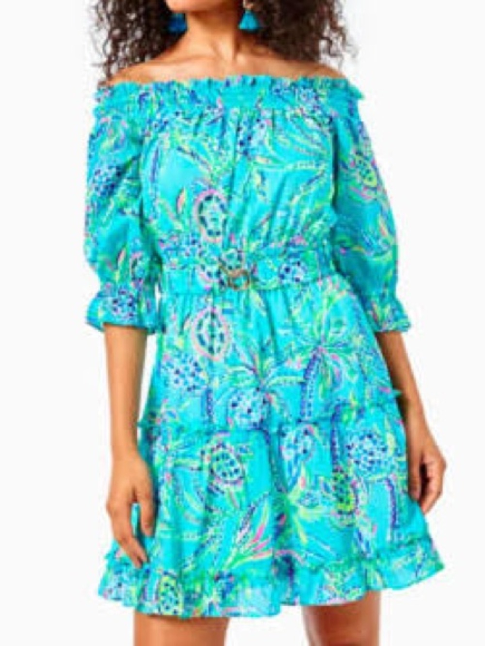Lilly Pulitzer women XXS Louisa Off-Shoulder Blue Floral tiered Summer dress